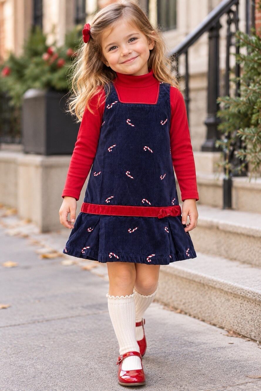 Hartstrings Girls Holiday Navy Corduroy Dress Embroidered Candy Cane Sz 5T